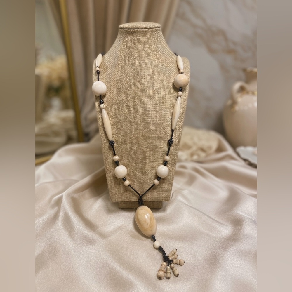 Vintage Carved White Cream Glass Bead Necklace Tassel Pendant Boho Tribal 38"